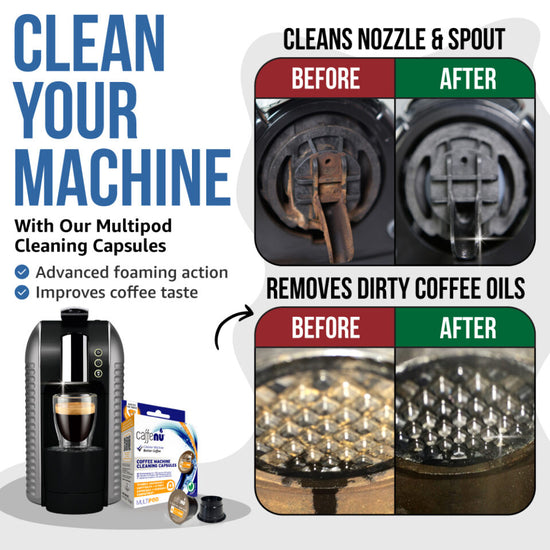 Advertisement for Multipod cleaning capsules with before and after images of a coffee machine.