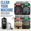 Advertisement for Multipod cleaning capsules with before and after images of a coffee machine.